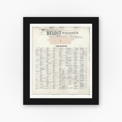 Old map wall art mockup — black gallery frame with white mat — Sanborn Fire Insurance Map from Beloit, Rock County, Wisconsin (1950), Sheet #0001