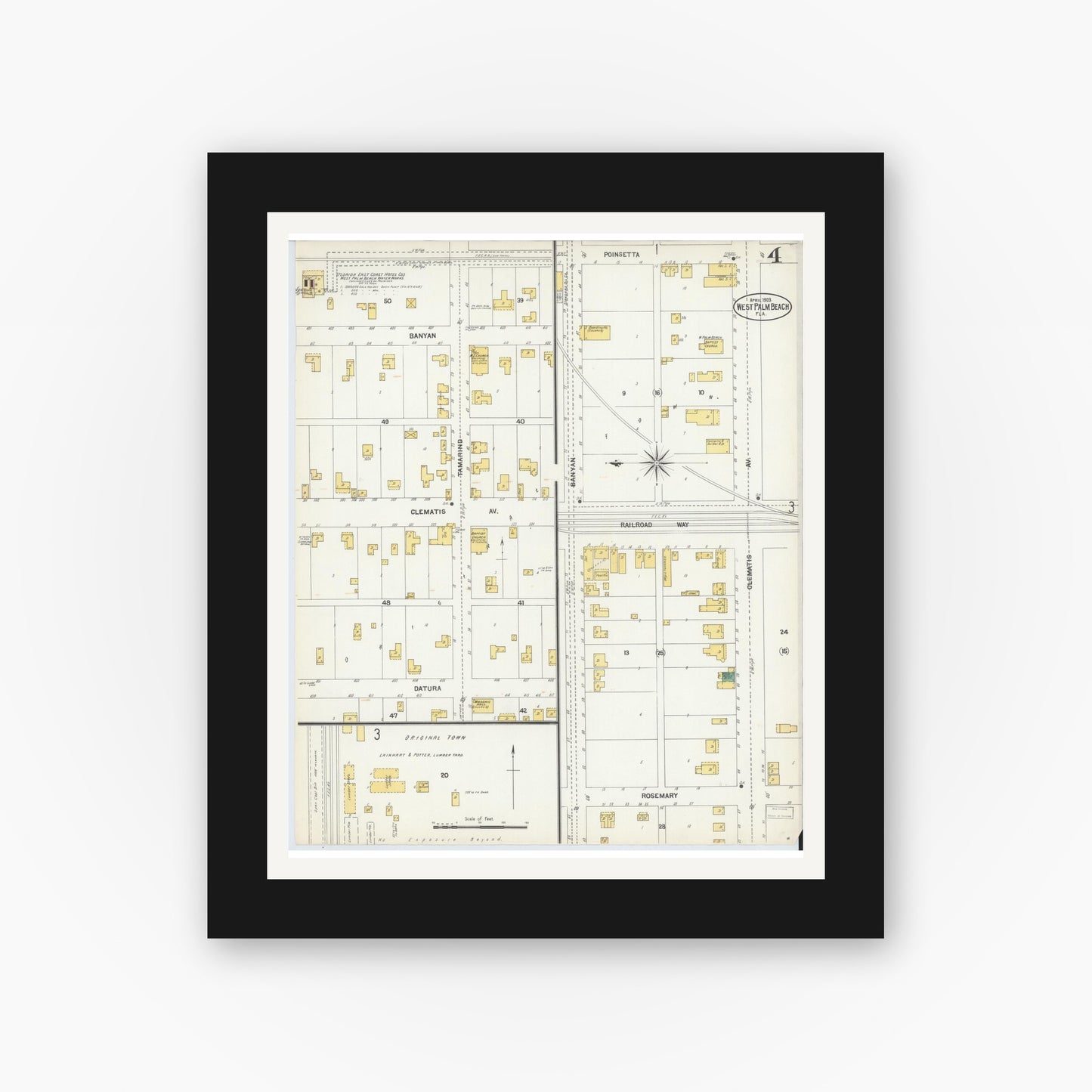 Old map wall art mockup — black gallery frame with white mat — Sanborn Fire Insurance Map from West Palm Beach, Dade County, Florida (1903), Sheet #0004