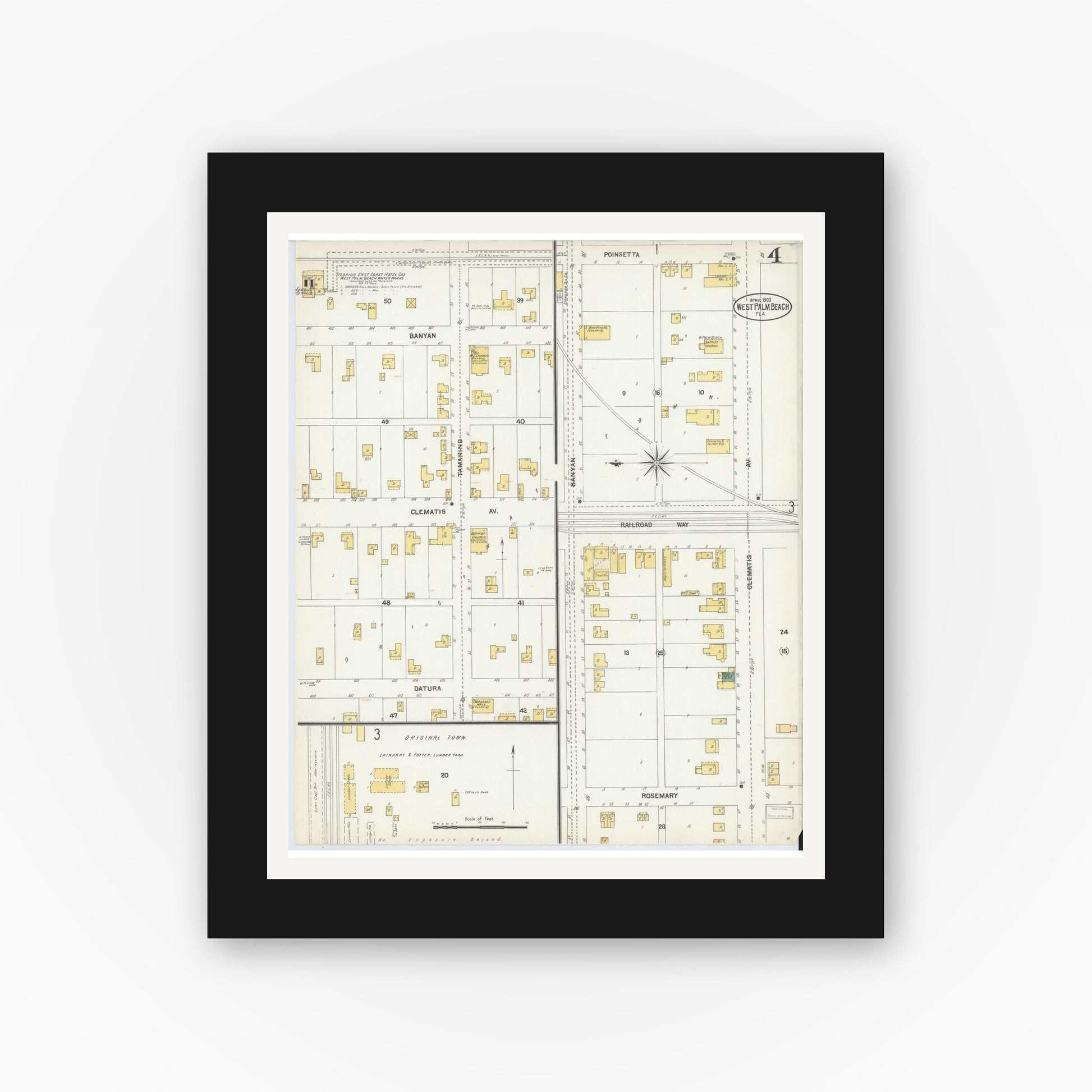 Old map wall art mockup — black gallery frame with white mat — Sanborn Fire Insurance Map from West Palm Beach, Dade County, Florida (1903), Sheet #0004