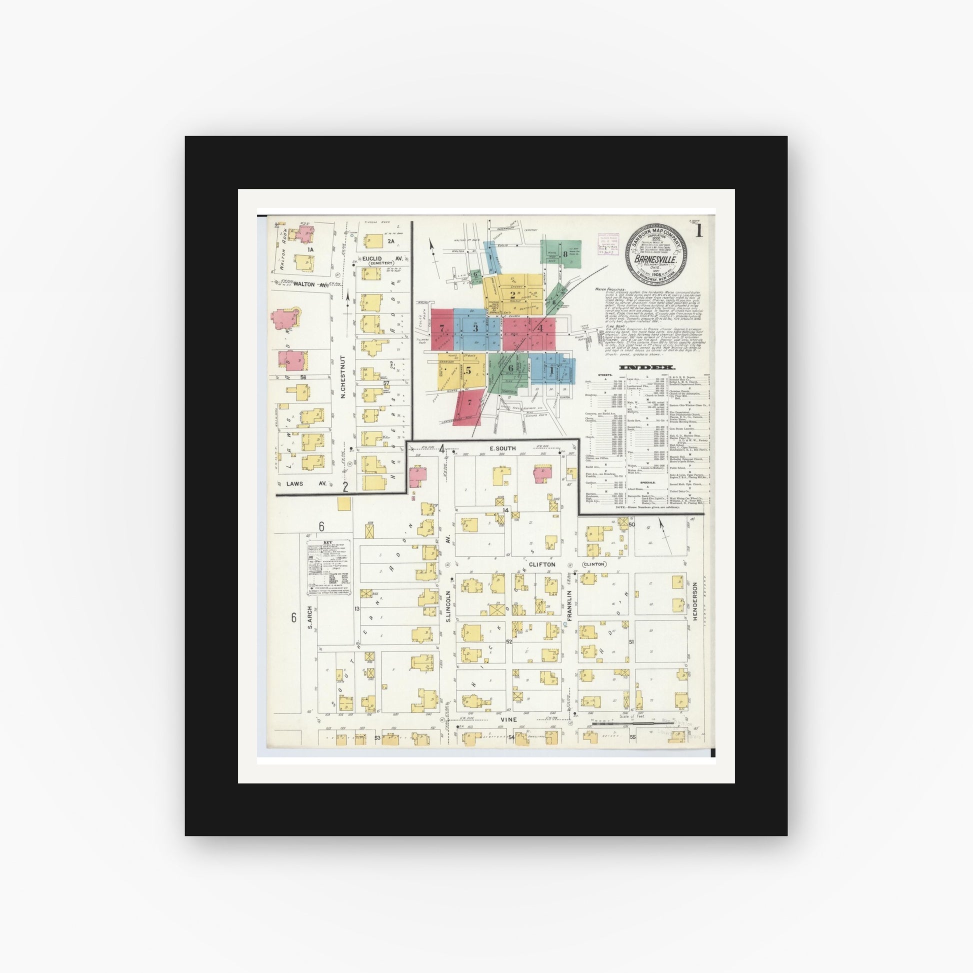 Old map wall art mockup — black gallery frame with white mat — Sanborn Fire Insurance Map from Barnesville, Belmont County, Ohio (1908) - Complete Map Set