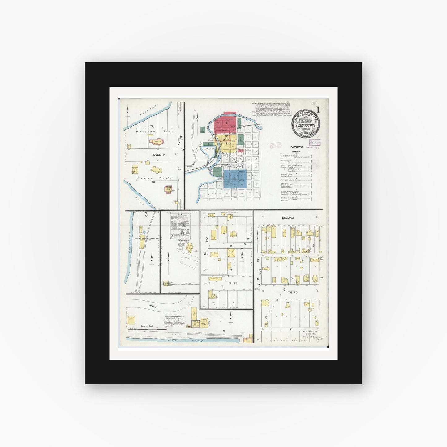 Old map wall art mockup — black gallery frame with white mat — Sanborn Fire Insurance Map from Lanesboro, Fillmore County, Minnesota (1909) - Complete Map Set