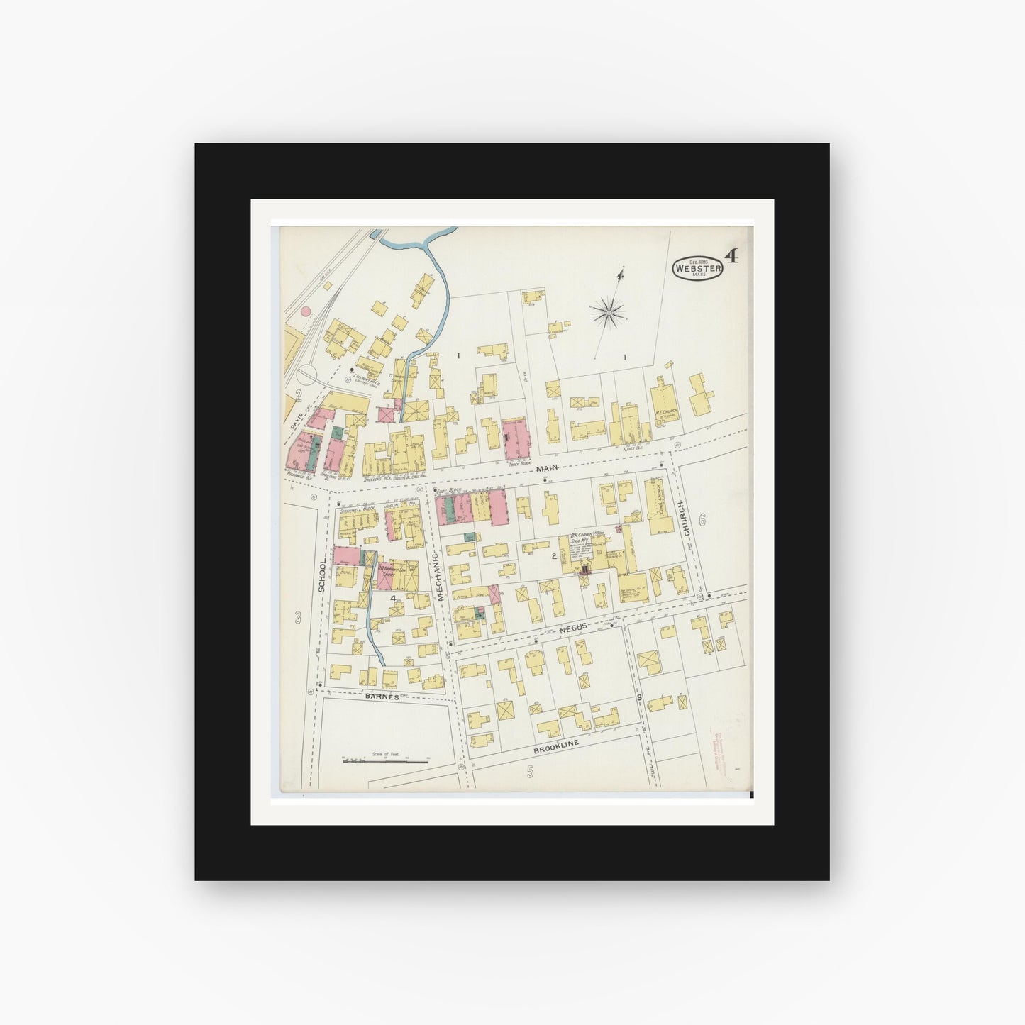 Old map wall art mockup — black gallery frame with white mat — Sanborn Fire Insurance Map from Webster, Worcester County, Massachusetts (1893), Sheet #0004
