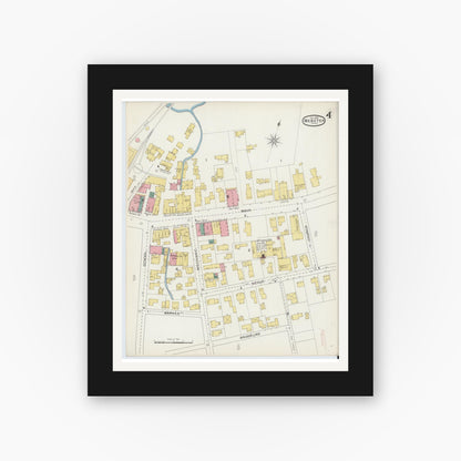 Old map wall art mockup — black gallery frame with white mat — Sanborn Fire Insurance Map from Webster, Worcester County, Massachusetts (1893), Sheet #0004