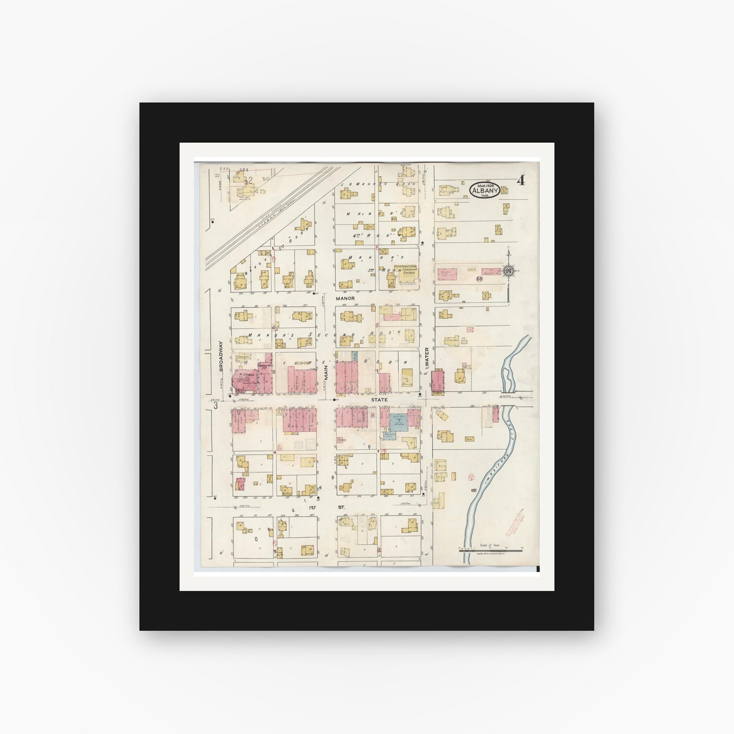 Old map wall art mockup — black gallery frame with white mat — Sanborn Fire Insurance Map from Albany, Delaware County, Indiana (1943), Sheet #0004