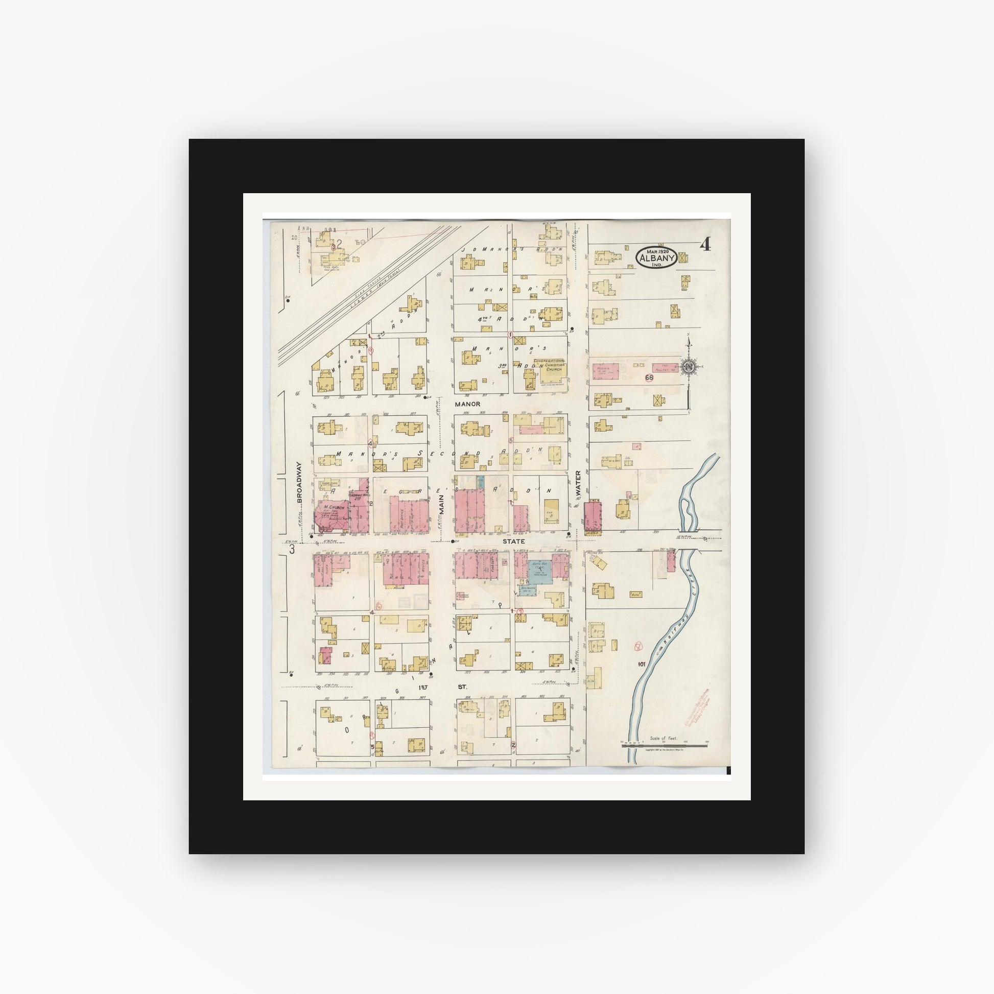 Old map wall art mockup — black gallery frame with white mat — Sanborn Fire Insurance Map from Albany, Delaware County, Indiana (1943), Sheet #0004
