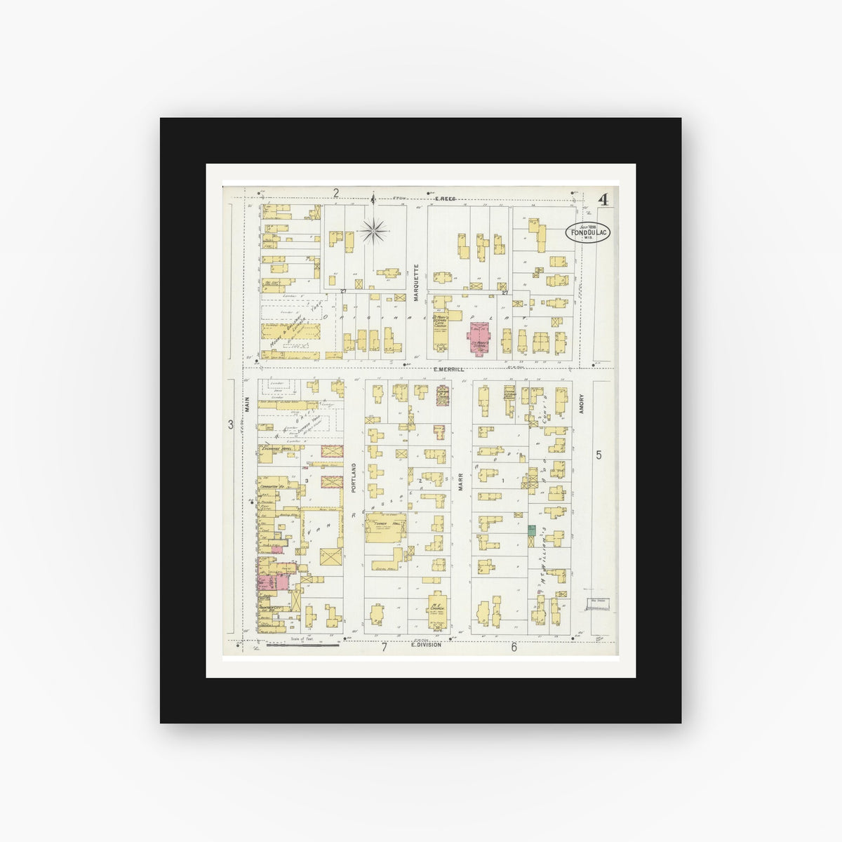 Old map wall art mockup — black gallery frame with white mat — Sanborn Fire Insurance Map from Fond du Lac, Fond du Lac County, Wisconsin (1898), Sheet #0004