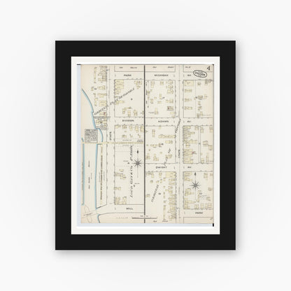 Old map wall art mockup — black gallery frame with white mat — Sanborn Fire Insurance Map from Oscoda, Iosco County, Michigan (1884), Sheet #0004
