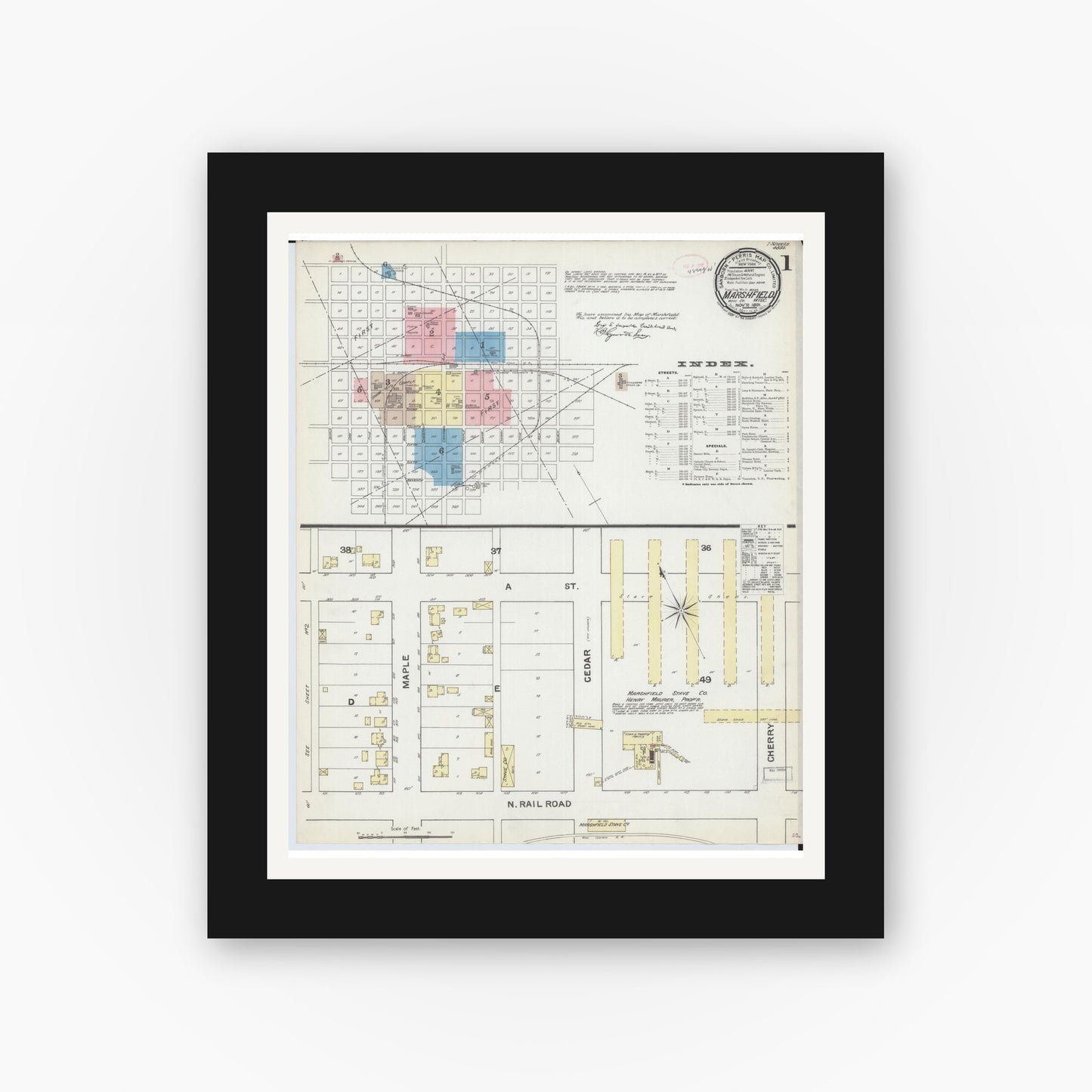 Old map wall art mockup — black gallery frame with white mat — Sanborn Fire Insurance Map from Marshfield, Wood County, Wisconsin (1891), Sheet #0001