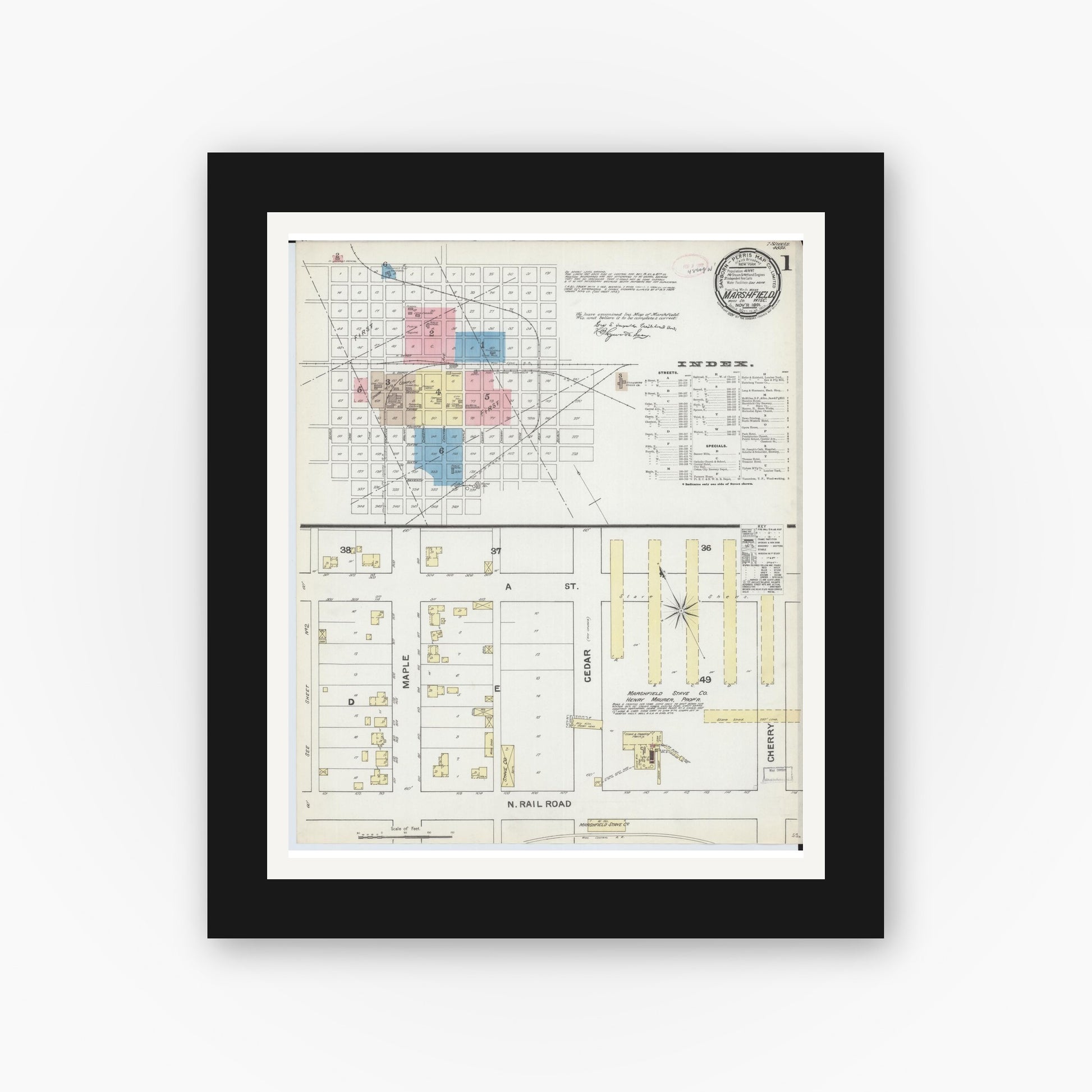 Old map wall art mockup — black gallery frame with white mat — Sanborn Fire Insurance Map from Marshfield, Wood County, Wisconsin (1891), Sheet #0001