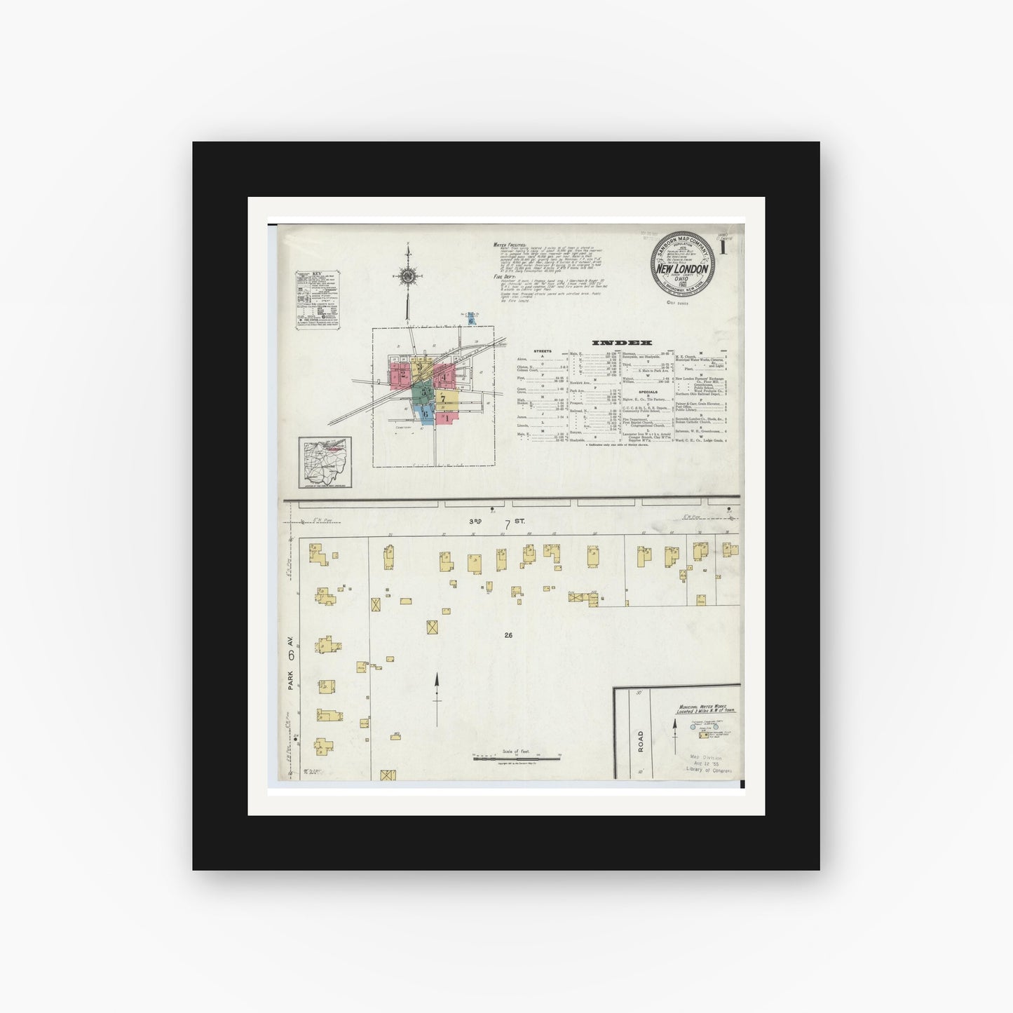 Old map wall art mockup — black gallery frame with white mat — Sanborn Fire Insurance Map from New London, Huron County, Ohio (1921) - Complete Map Set