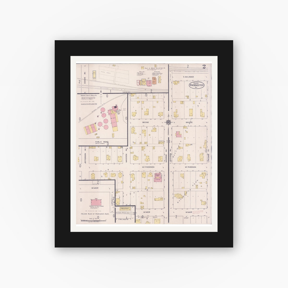Old map wall art mockup — black gallery frame with white mat — Sanborn Fire Insurance Map from Knobnoster, Johnson County, Missouri (1922), Sheet #0002