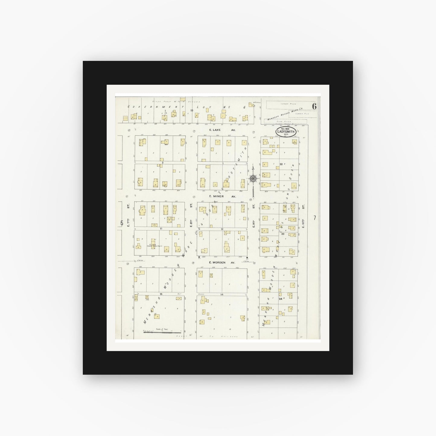 Old map wall art mockup — black gallery frame with white mat — Sanborn Fire Insurance Map from Ladysmith, Rusk County, Wisconsin (1909), Sheet #0006