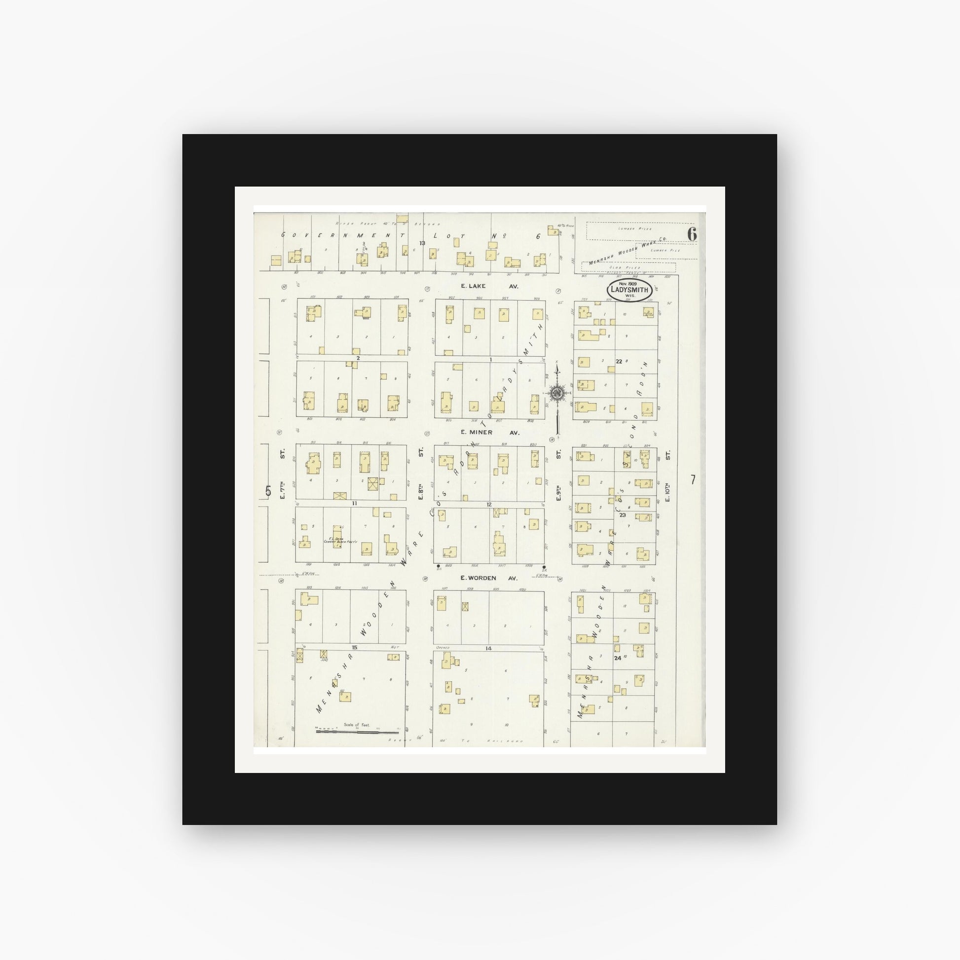 Old map wall art mockup — black gallery frame with white mat — Sanborn Fire Insurance Map from Ladysmith, Rusk County, Wisconsin (1909), Sheet #0006