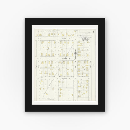 Old map wall art mockup — black gallery frame with white mat — Sanborn Fire Insurance Map from Ladysmith, Rusk County, Wisconsin (1909), Sheet #0006