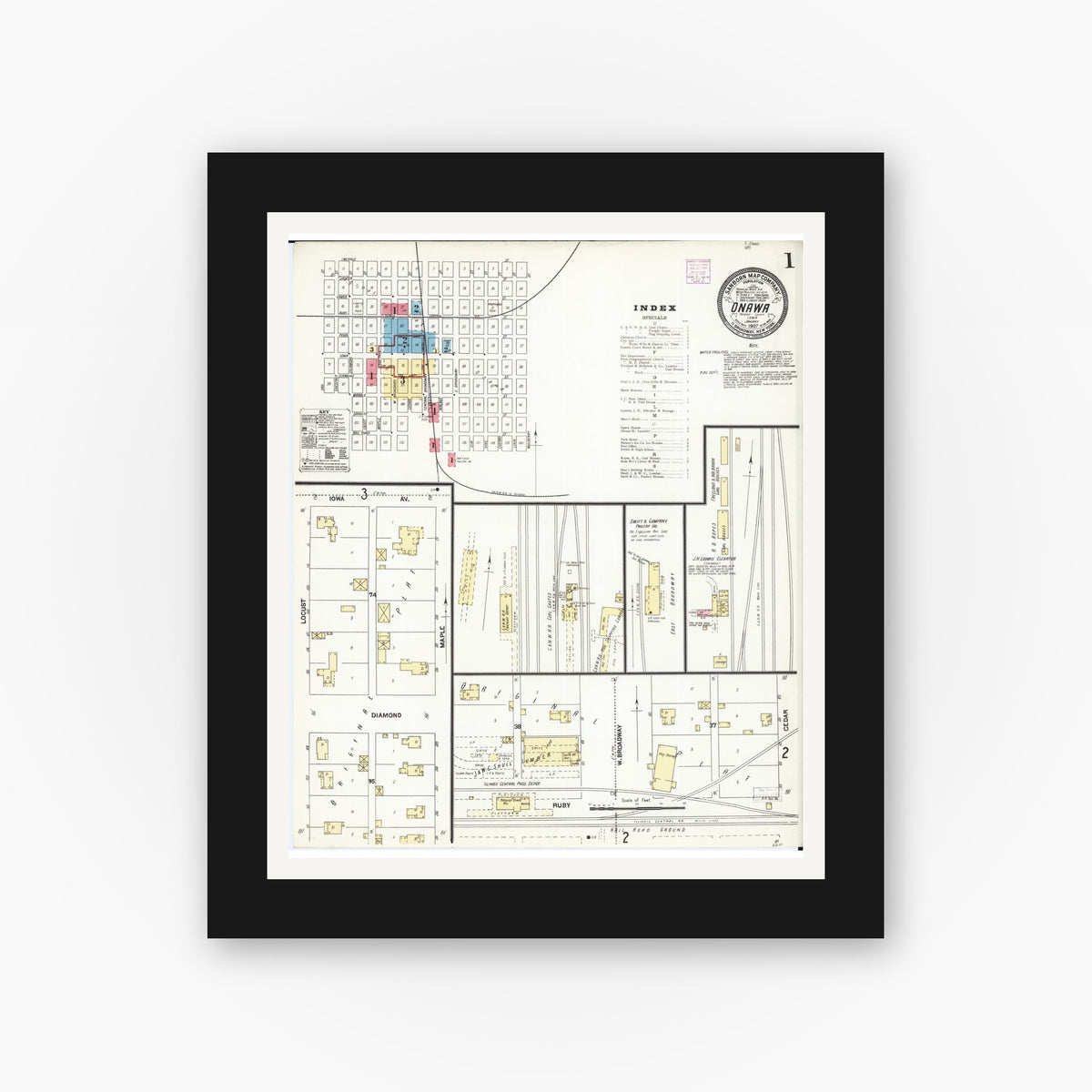 Old map wall art mockup — black gallery frame with white mat — Sanborn Fire Insurance Map from Onawa, Monona County, Iowa (1907) â€” Complete Set