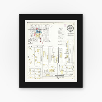 Old map wall art mockup — black gallery frame with white mat — Sanborn Fire Insurance Map from Onawa, Monona County, Iowa (1907) â€” Complete Set