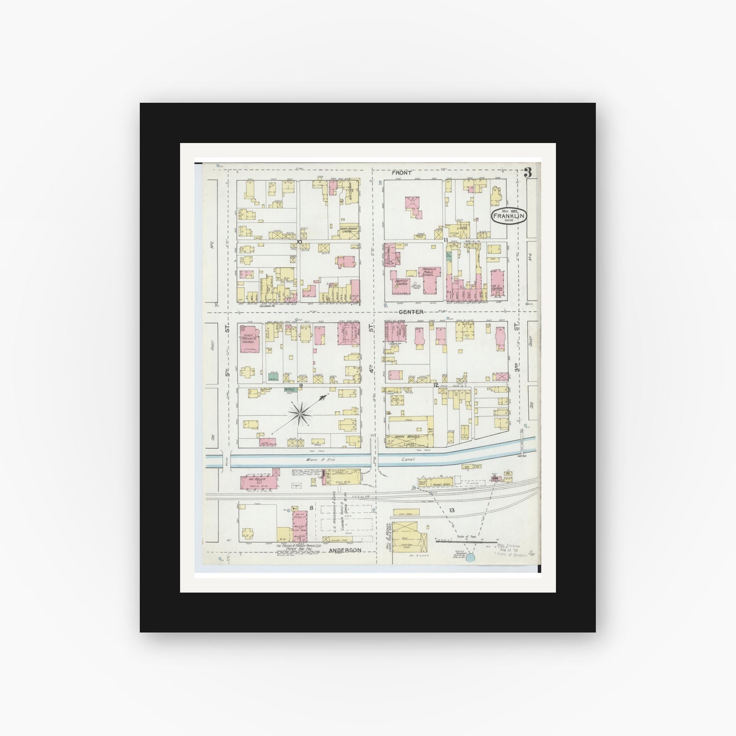 Old map wall art mockup — black gallery frame with white mat — Sanborn Fire Insurance Map from Franklin, Warren County, Ohio (1892), Sheet #0003