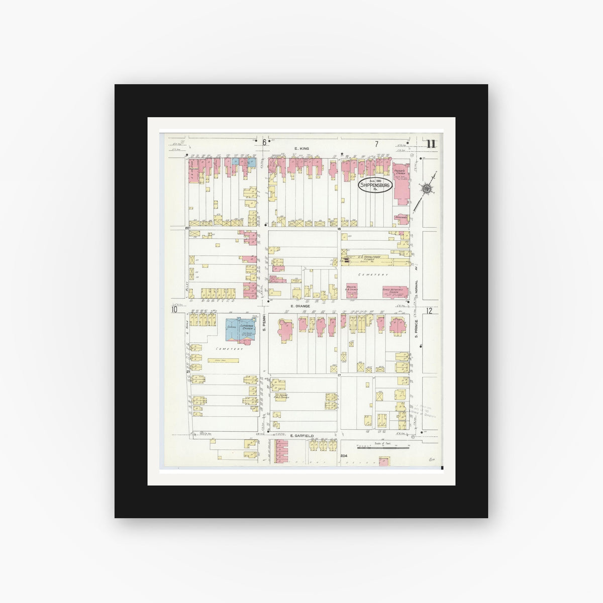 Old map wall art mockup — black gallery frame with white mat — Sanborn Fire Insurance Map from Shippensburg, Cumberland And Franklin Counties, Pennsylvania (1910), Sheet #0011