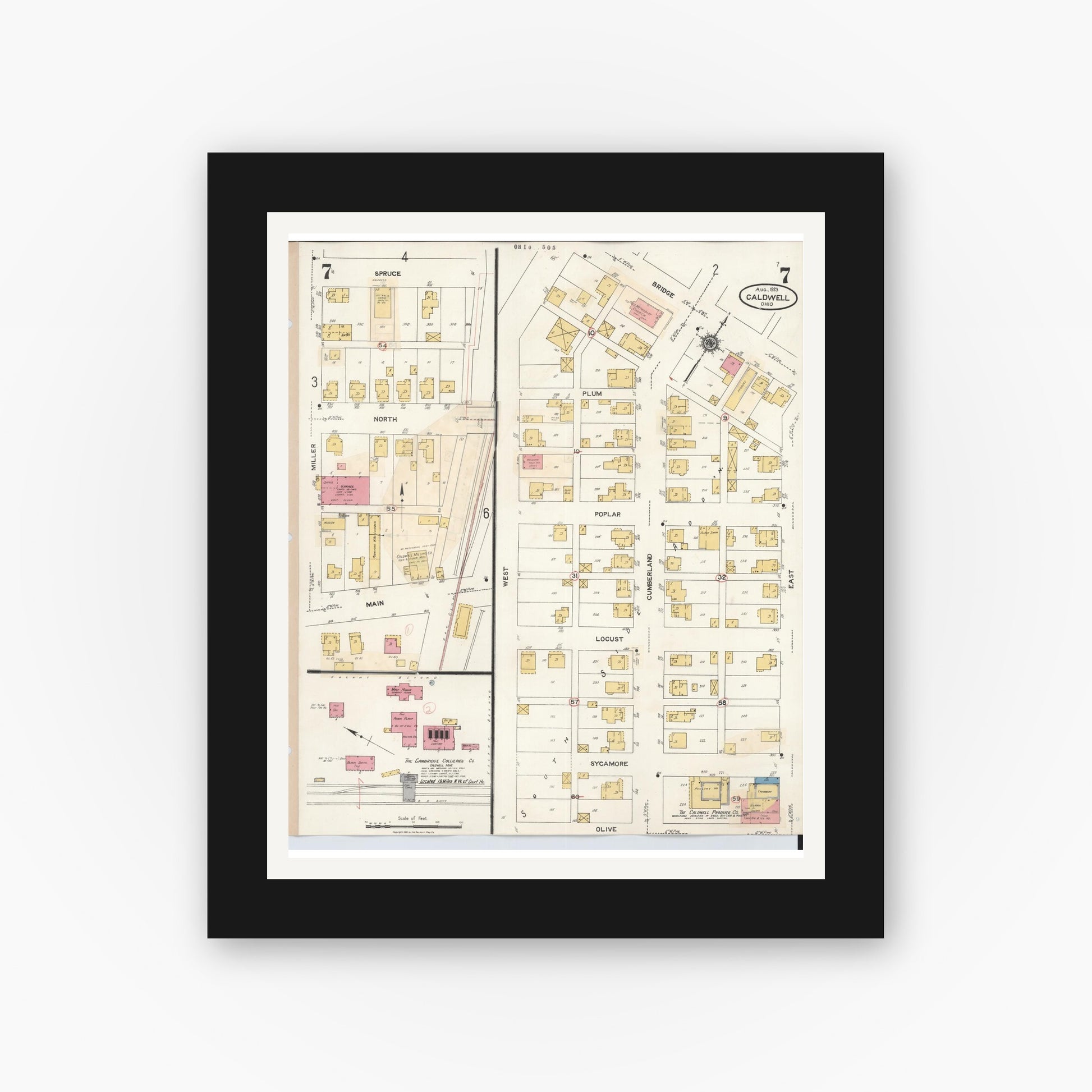 Old map wall art mockup — black gallery frame with white mat — Sanborn Fire Insurance Map from Caldwell, Noble County, Ohio (1932), Sheet #0007