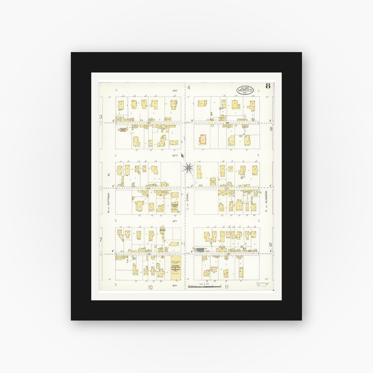 Old map wall art mockup — black gallery frame with white mat — Sanborn Fire Insurance Map from Merced, Merced County, California (1907), Sheet #0008