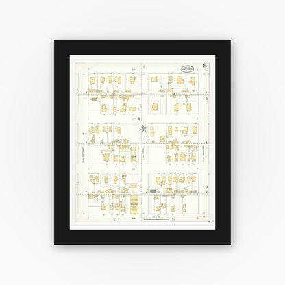 Old map wall art mockup — black gallery frame with white mat — Sanborn Fire Insurance Map from Merced, Merced County, California (1907), Sheet #0008
