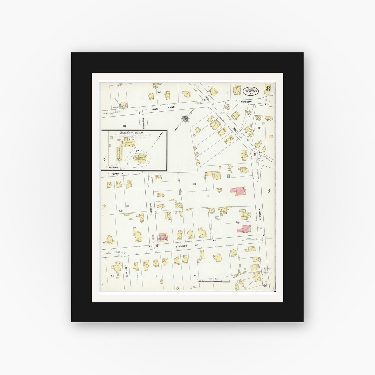 Old map wall art mockup — black gallery frame with white mat — Sanborn Fire Insurance Map from Newton, Sussex County, New Jersey (1911), Sheet #0008