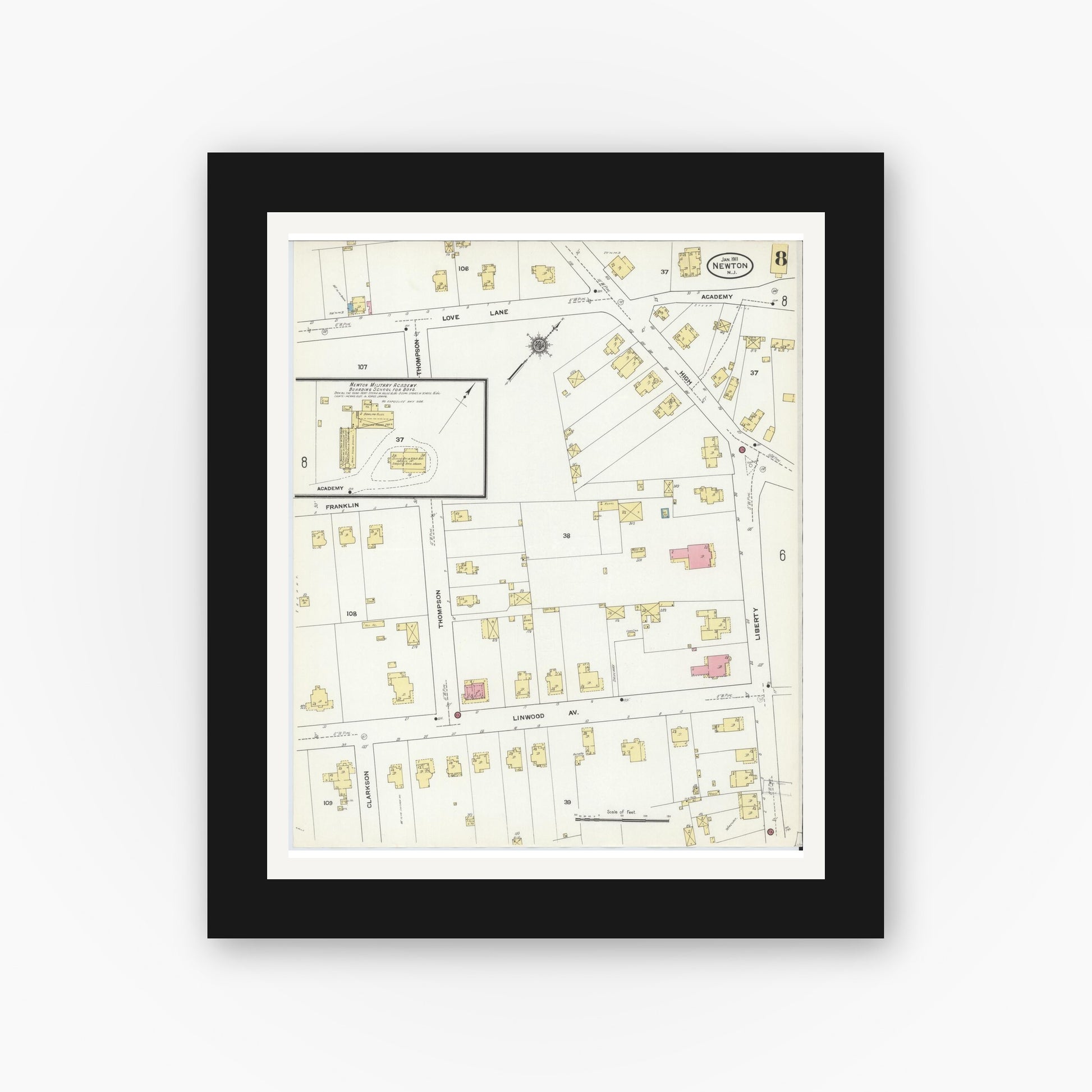 Old map wall art mockup — black gallery frame with white mat — Sanborn Fire Insurance Map from Newton, Sussex County, New Jersey (1911), Sheet #0008