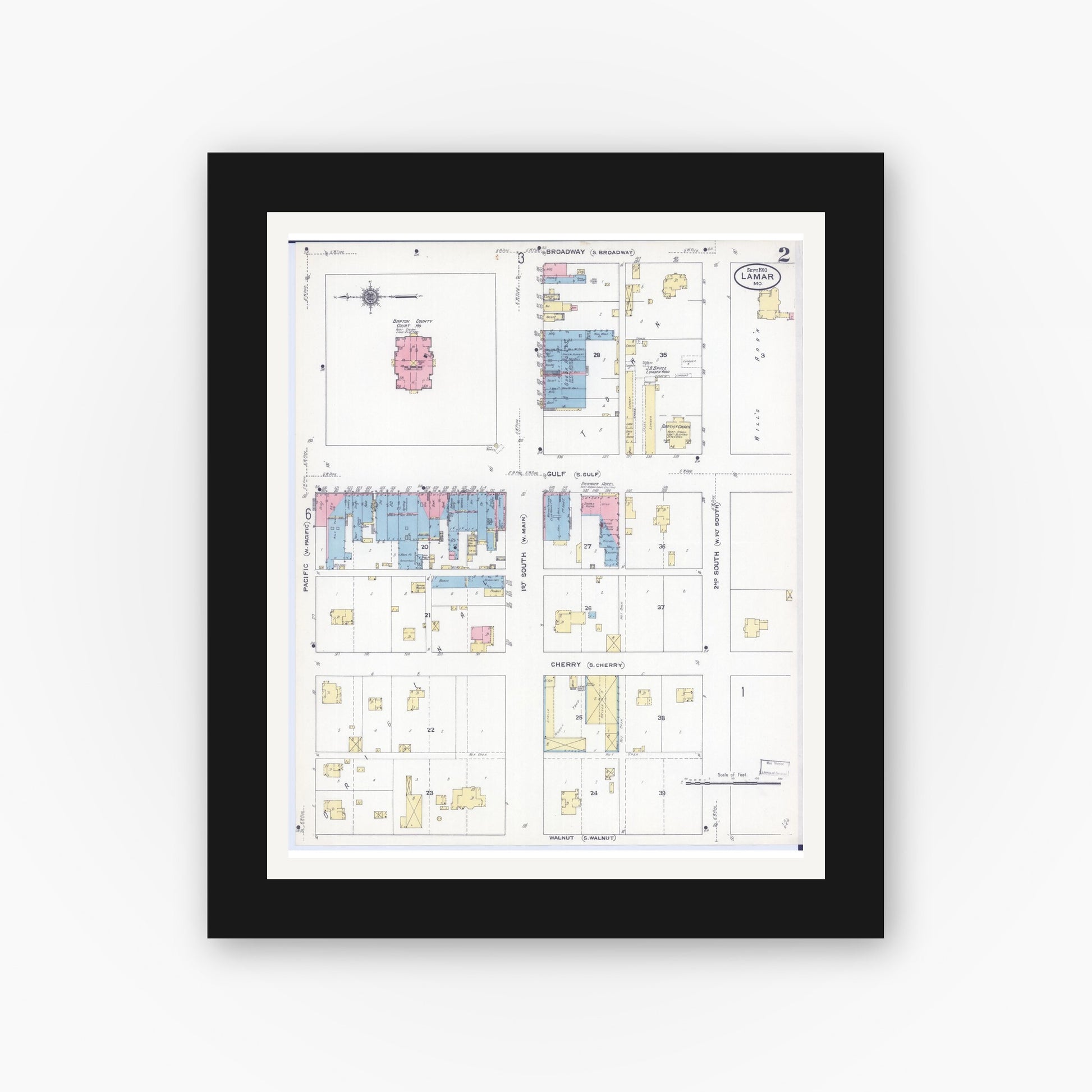 Old map wall art mockup — black gallery frame with white mat — Sanborn Fire Insurance Map from Lamar, Barton County, Missouri (1910), Sheet #0002
