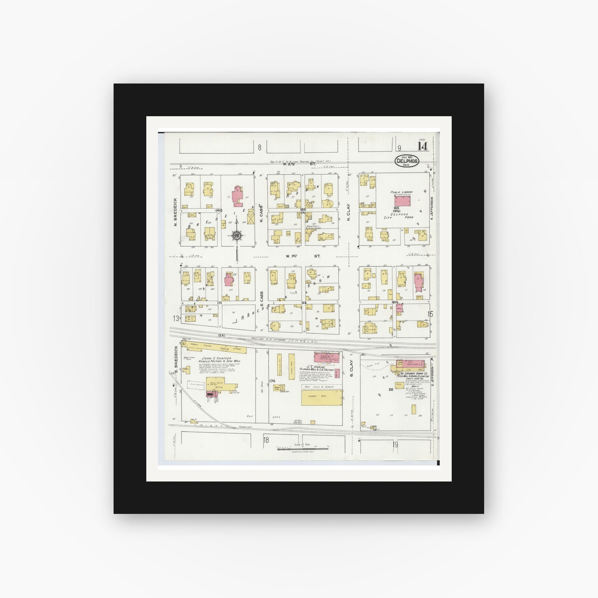 Old map wall art mockup — black gallery frame with white mat — Sanborn Fire Insurance Map from Delphos, Van Wert And Allen Counties, Ohio (1921), Sheet #0014
