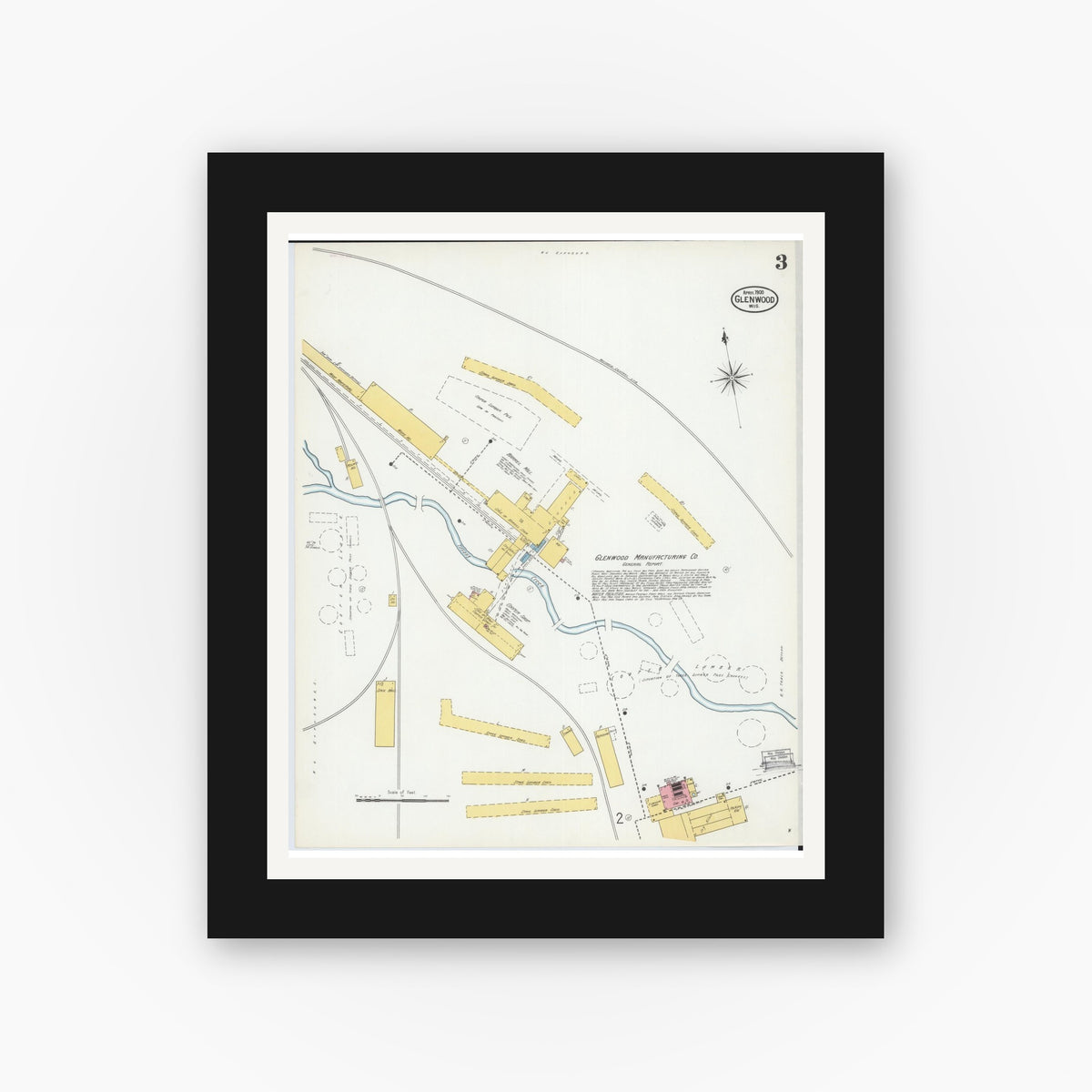 Old map wall art mockup — black gallery frame with white mat — Sanborn Fire Insurance Map from Glenwood City, St. Croix County, Wisconsin (1900), Sheet #0003