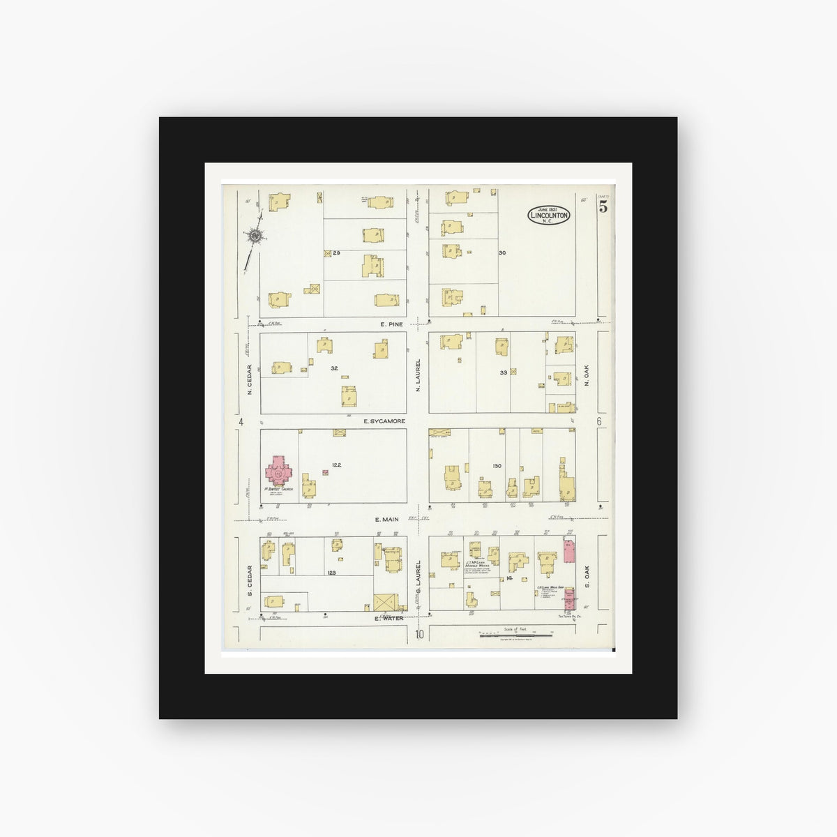 Old map wall art mockup — black gallery frame with white mat — Sanborn Fire Insurance Map from Lincolnton, Lincoln County, North Carolina (1921), Sheet #0005