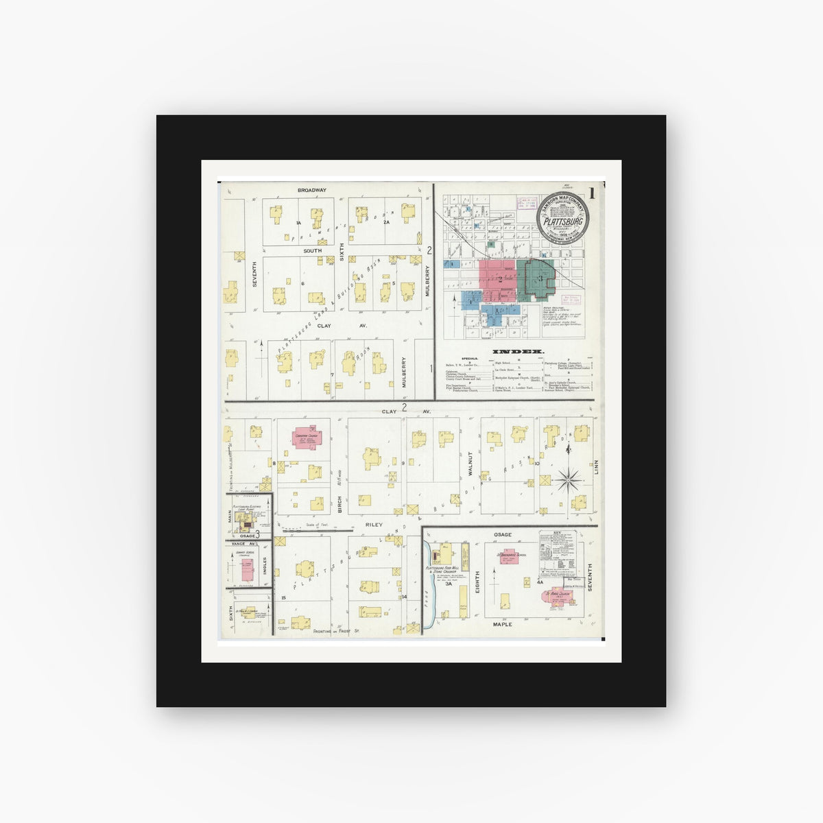 Old map wall art mockup — black gallery frame with white mat — Sanborn Fire Insurance Map from Plattsburg, Clinton County, Missouri (1909) - Complete Map Set