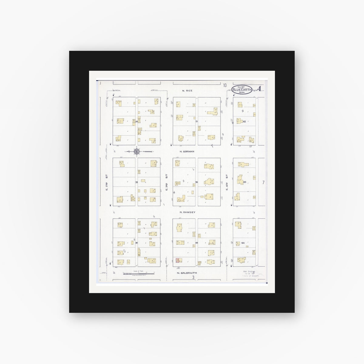 Old map wall art mockup — black gallery frame with white mat — Sanborn Fire Insurance Map from Blue Earth, Faribault County, Minnesota (1917), Sheet #0004