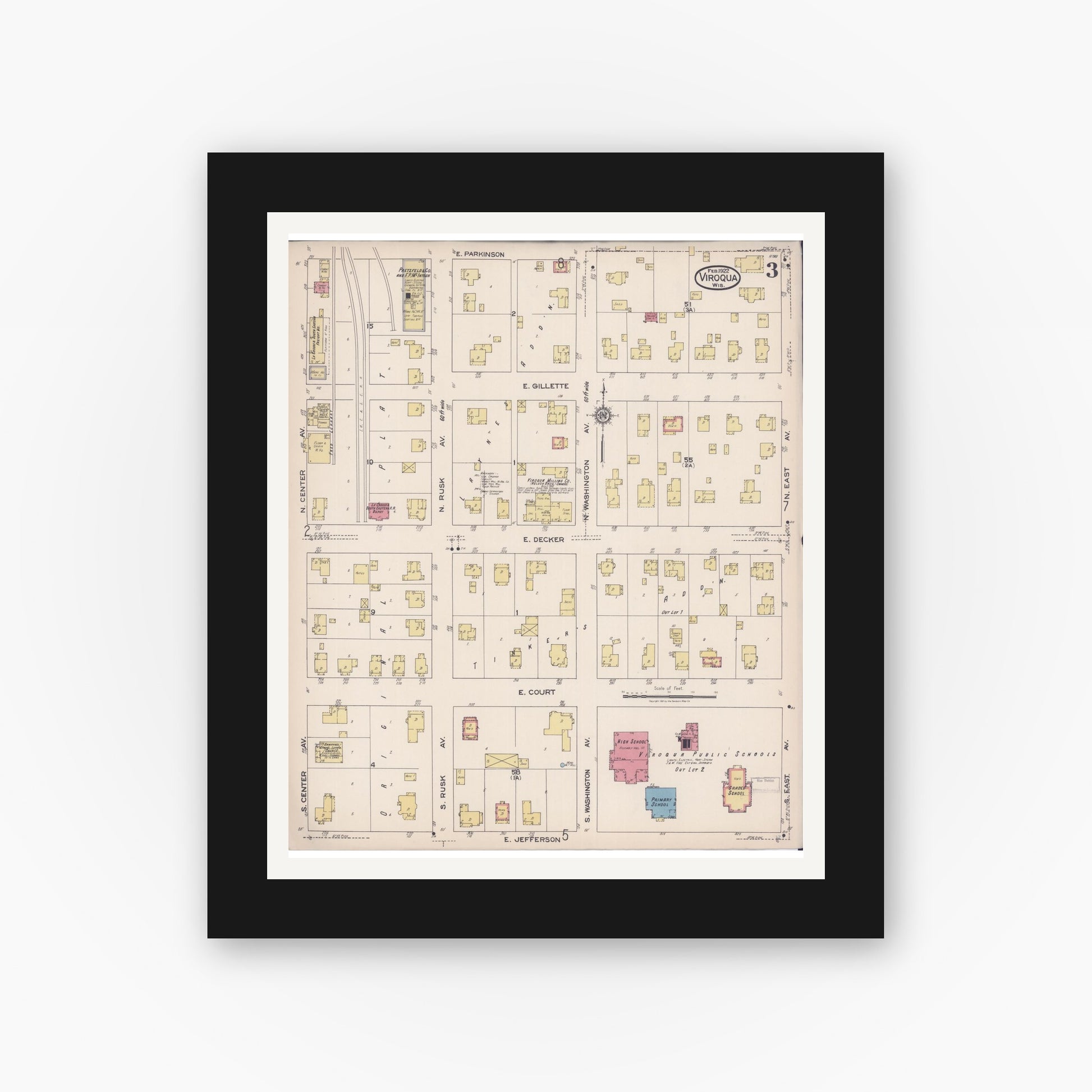 Old map wall art mockup — black gallery frame with white mat — Sanborn Fire Insurance Map from Viroqua, Vernon County, Wisconsin (1922), Sheet #0003