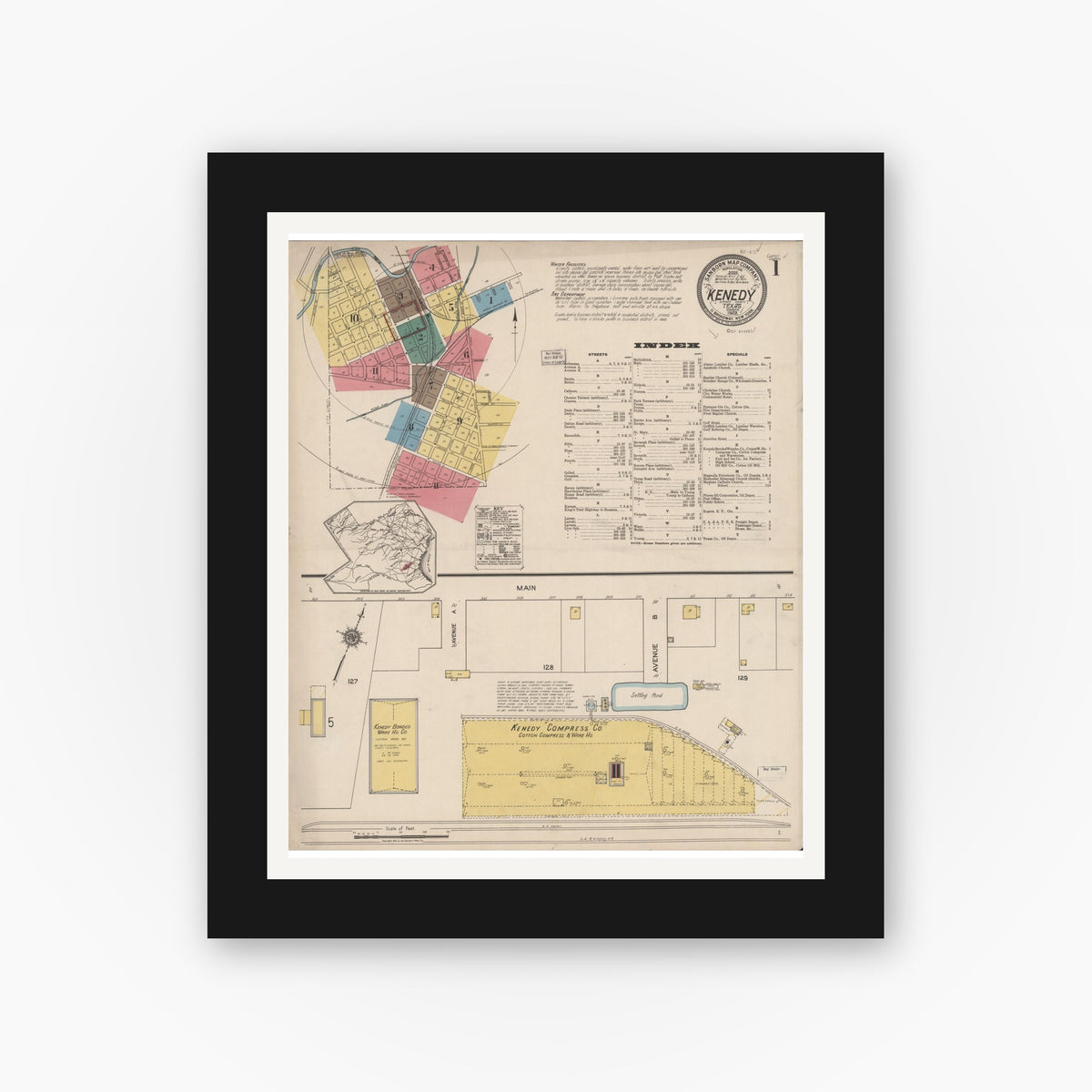 Old map wall art mockup — black gallery frame with white mat — Sanborn Fire Insurance Map from Kenedy, Karnes County, Texas (1922), Sheet #0001