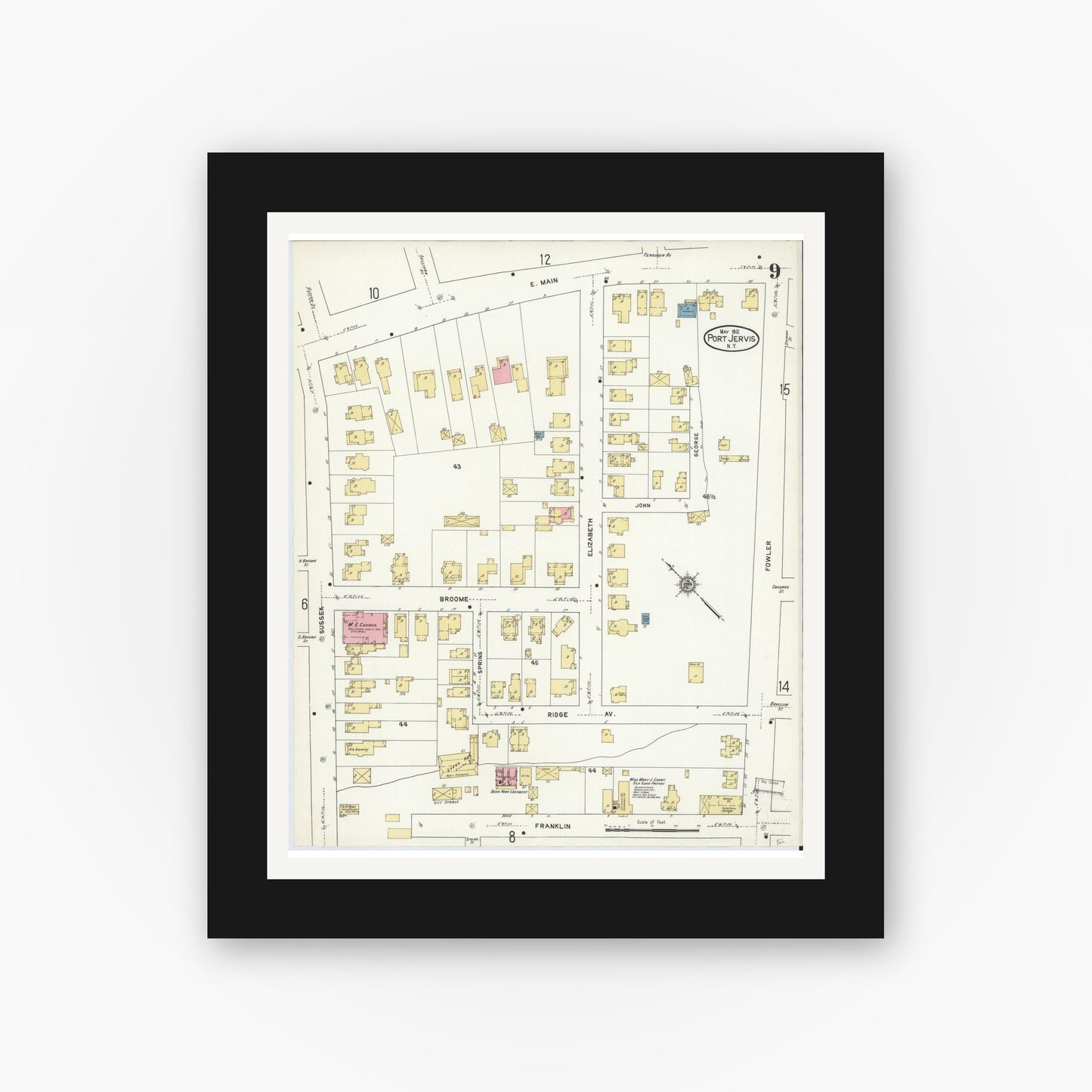Old map wall art mockup — black gallery frame with white mat — Sanborn Fire Insurance Map from Port Jervis, Orange County, New York (1912), Sheet #0009