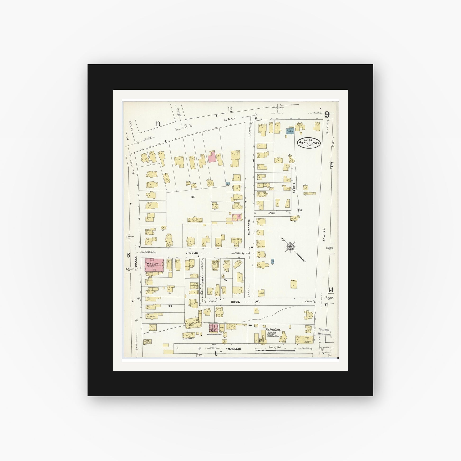 Old map wall art mockup — black gallery frame with white mat — Sanborn Fire Insurance Map from Port Jervis, Orange County, New York (1912), Sheet #0009