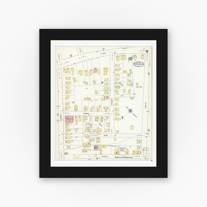 Old map wall art mockup — black gallery frame with white mat — Sanborn Fire Insurance Map from Port Jervis, Orange County, New York (1912), Sheet #0009