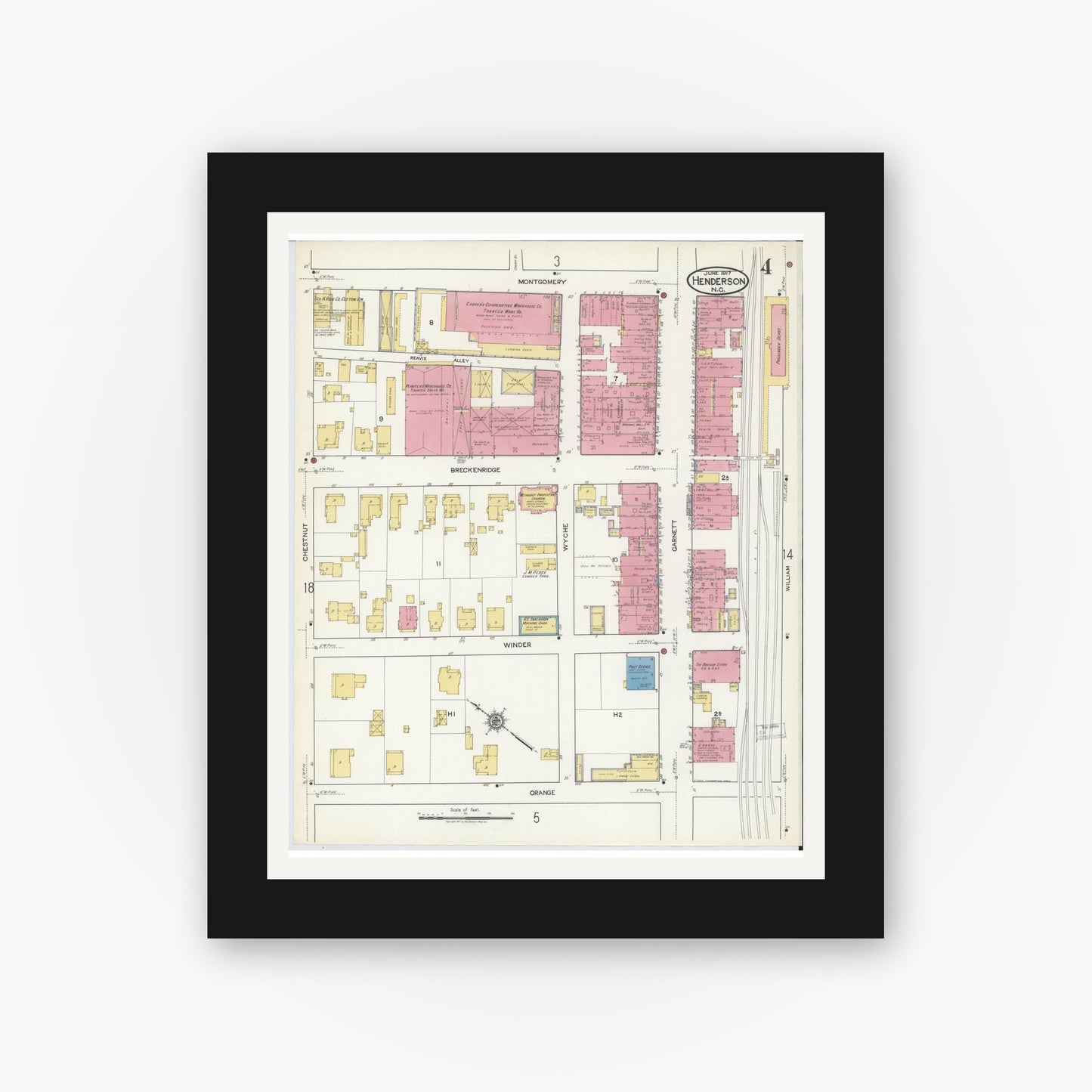 Old map wall art mockup — black gallery frame with white mat — Sanborn Fire Insurance Map from Henderson, Vance County, North Carolina (1917), Sheet #0004