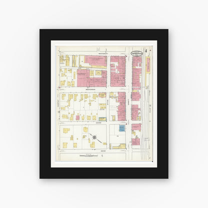 Old map wall art mockup — black gallery frame with white mat — Sanborn Fire Insurance Map from Henderson, Vance County, North Carolina (1917), Sheet #0004