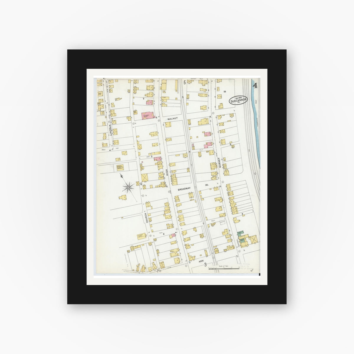 Old map wall art mockup — black gallery frame with white mat — Sanborn Fire Insurance Map from Duncannon, Perry County, Pennsylvania (1904), Sheet #0004