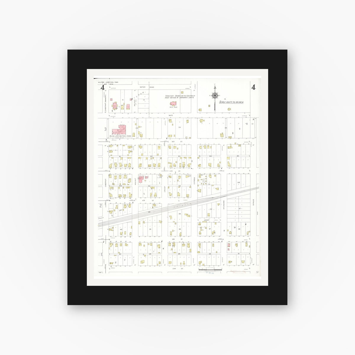 Old map wall art mockup — black gallery frame with white mat — Sanborn Fire Insurance Map from Wilton Junction, Muscatine County, Iowa (1939), Sheet #0004