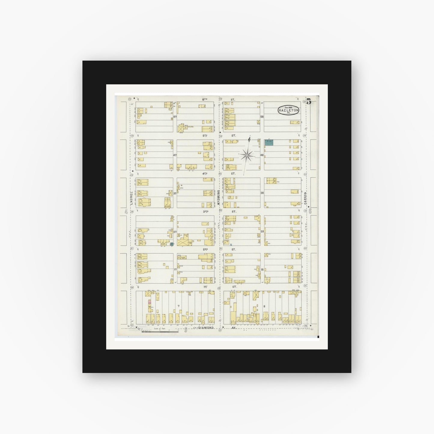 Old map wall art mockup — black gallery frame with white mat — Sanborn Fire Insurance Map from Hazleton, Luzerne County, Pennsylvania (1895), Sheet #0005
