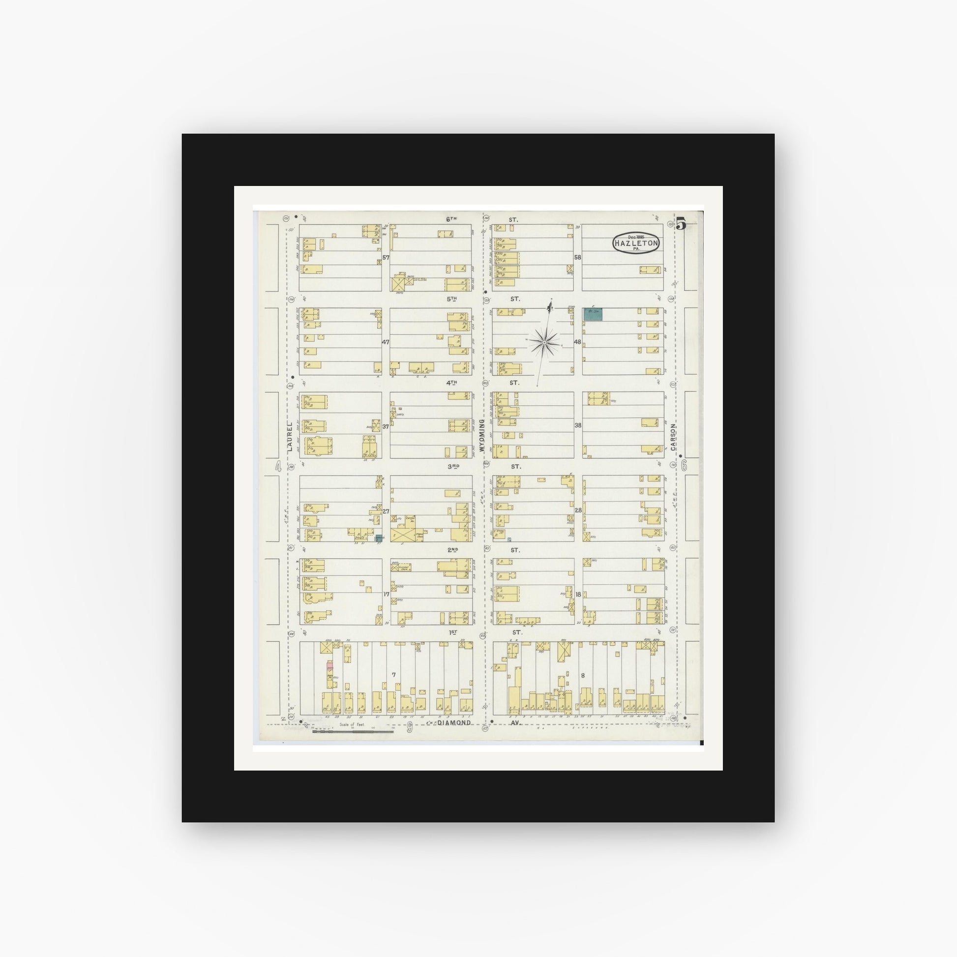 Old map wall art mockup — black gallery frame with white mat — Sanborn Fire Insurance Map from Hazleton, Luzerne County, Pennsylvania (1895), Sheet #0005