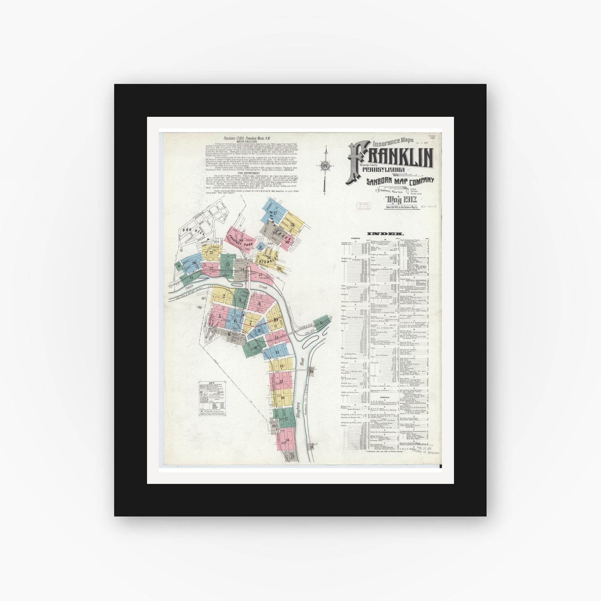 Old map wall art mockup — black gallery frame with white mat — Sanborn Fire Insurance Map from Franklin, Venango County, Pennsylvania (1912) - Complete Map Set
