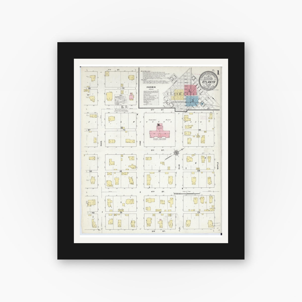 Old map wall art mockup — black gallery frame with white mat — Sanborn Fire Insurance Map from Atlanta, Logan County, Illinois (1910), Sheet #0001