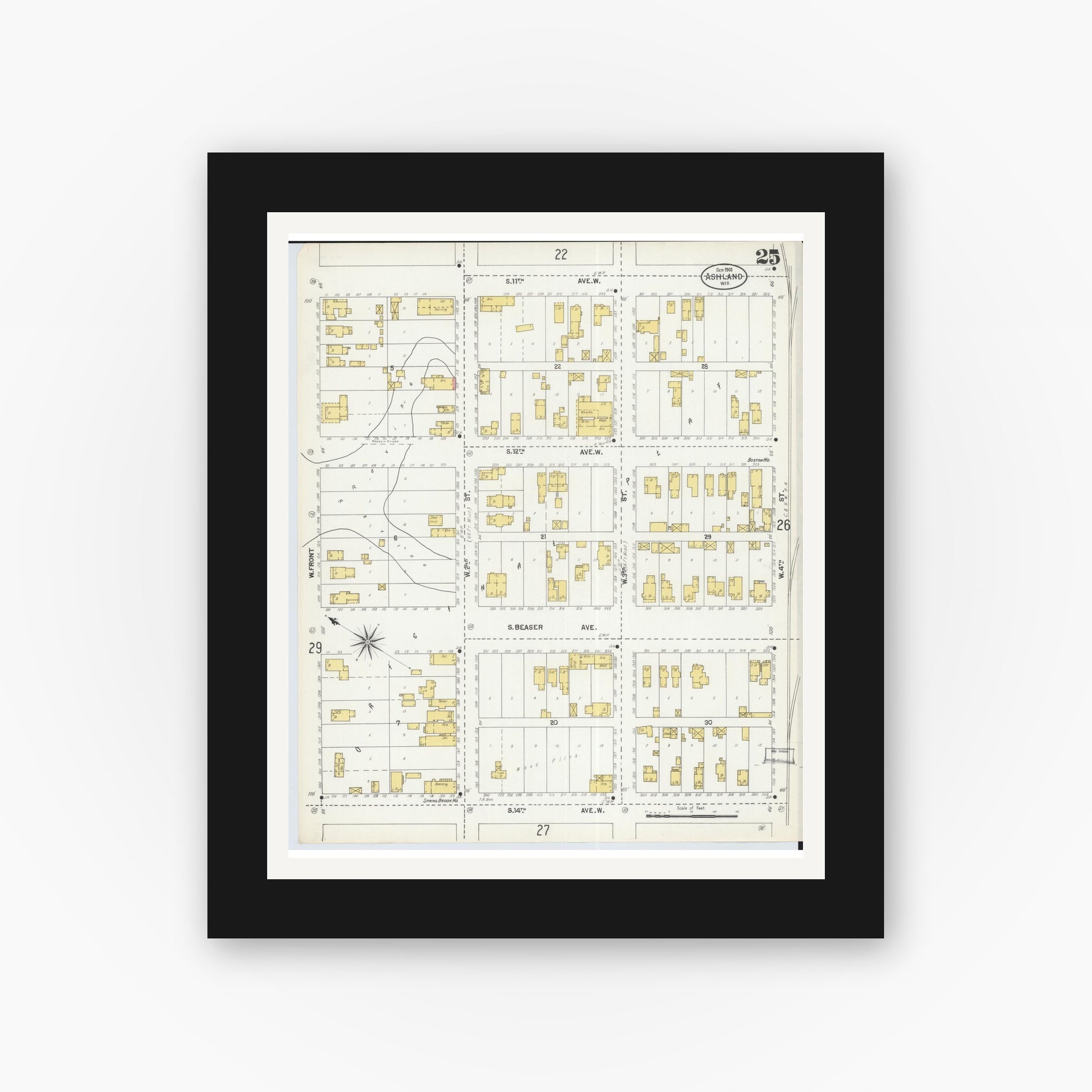 Old map wall art mockup — black gallery frame with white mat — Sanborn Fire Insurance Map from Ashland, Ashland County, Wisconsin (1901), Sheet #0025