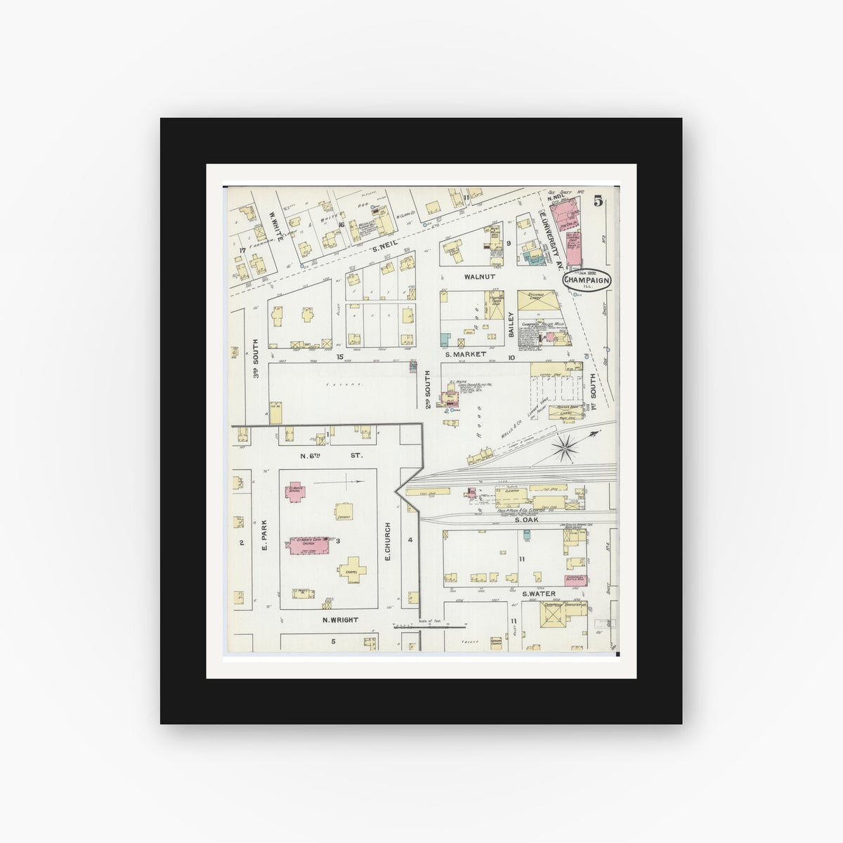 Old map wall art mockup — black gallery frame with white mat — Sanborn Fire Insurance Map from Champaign, Champaign County, Illinois (1892), Sheet #0005