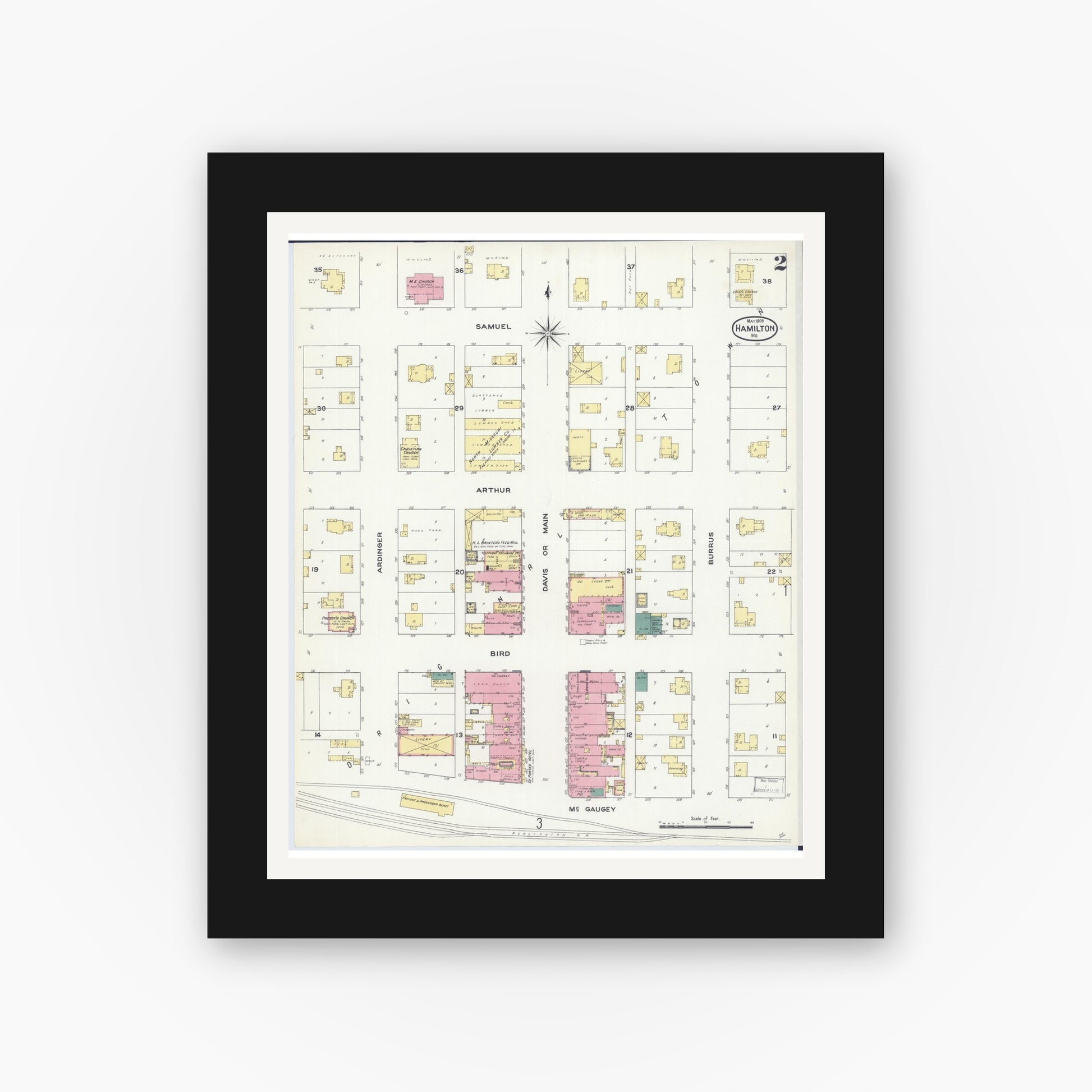 Old map wall art mockup — black gallery frame with white mat — Sanborn Fire Insurance Map from Hamilton, Caldwell County, Missouri (1909), Sheet #0002