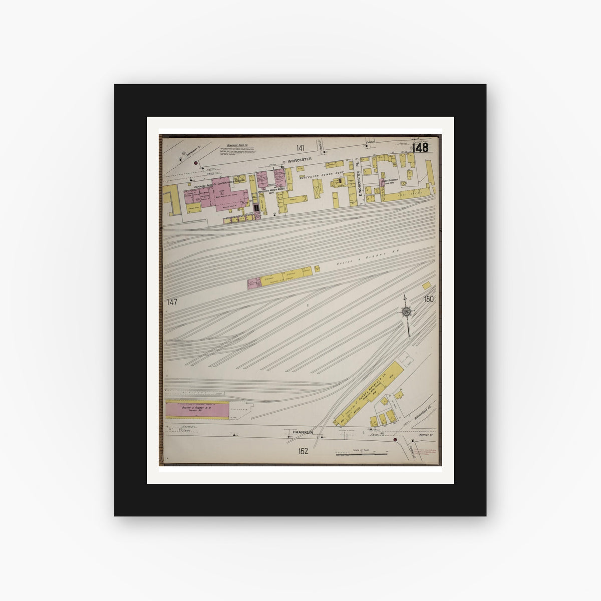 Old map wall art mockup — black gallery frame with white mat — Sanborn Fire Insurance Map from Worcester, Worcester County, Massachusetts (1910), Sheet #0148